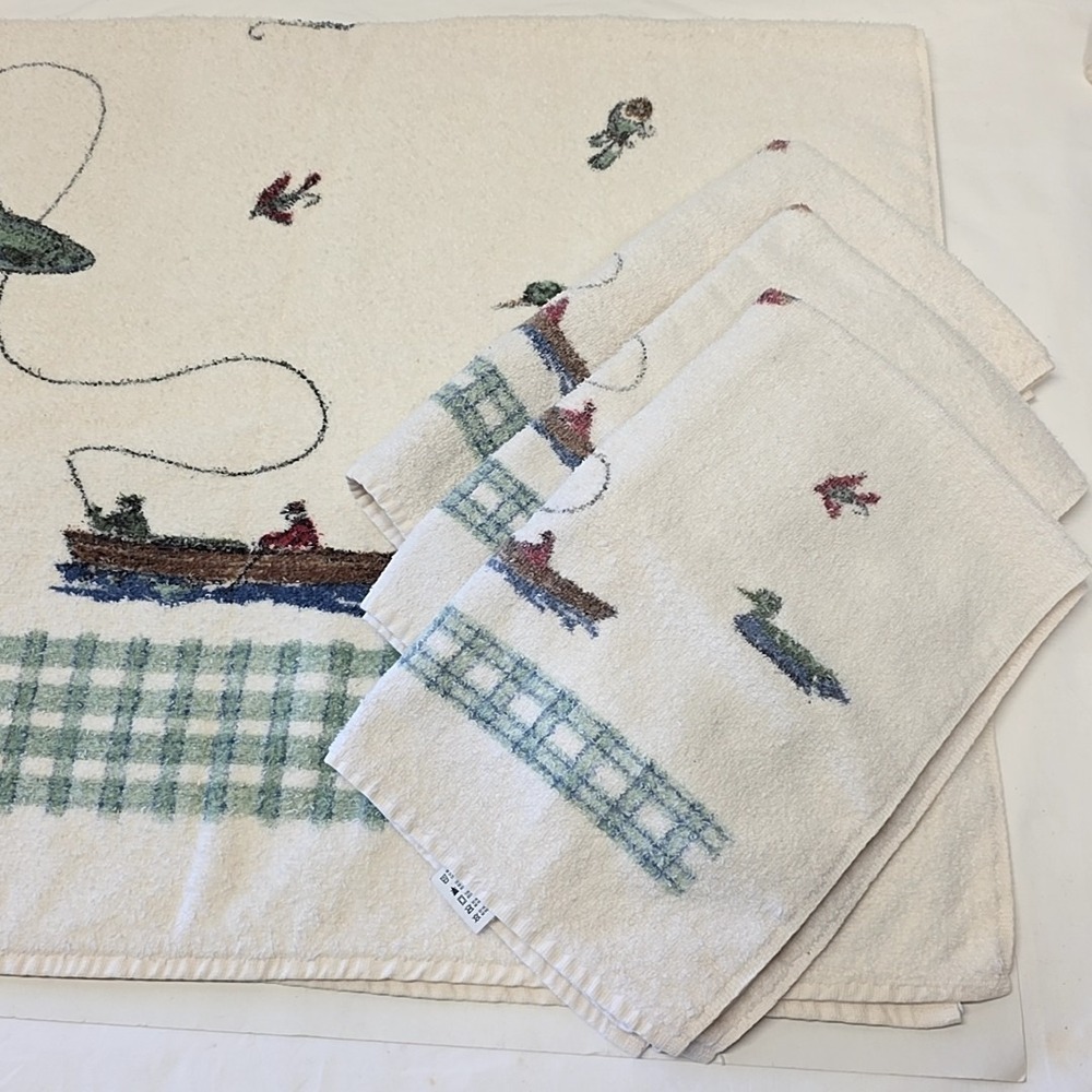 Cannon Fishing Hand Towel Set Cream Vintage Plaid Ducks Trout USA Rustic Cabin